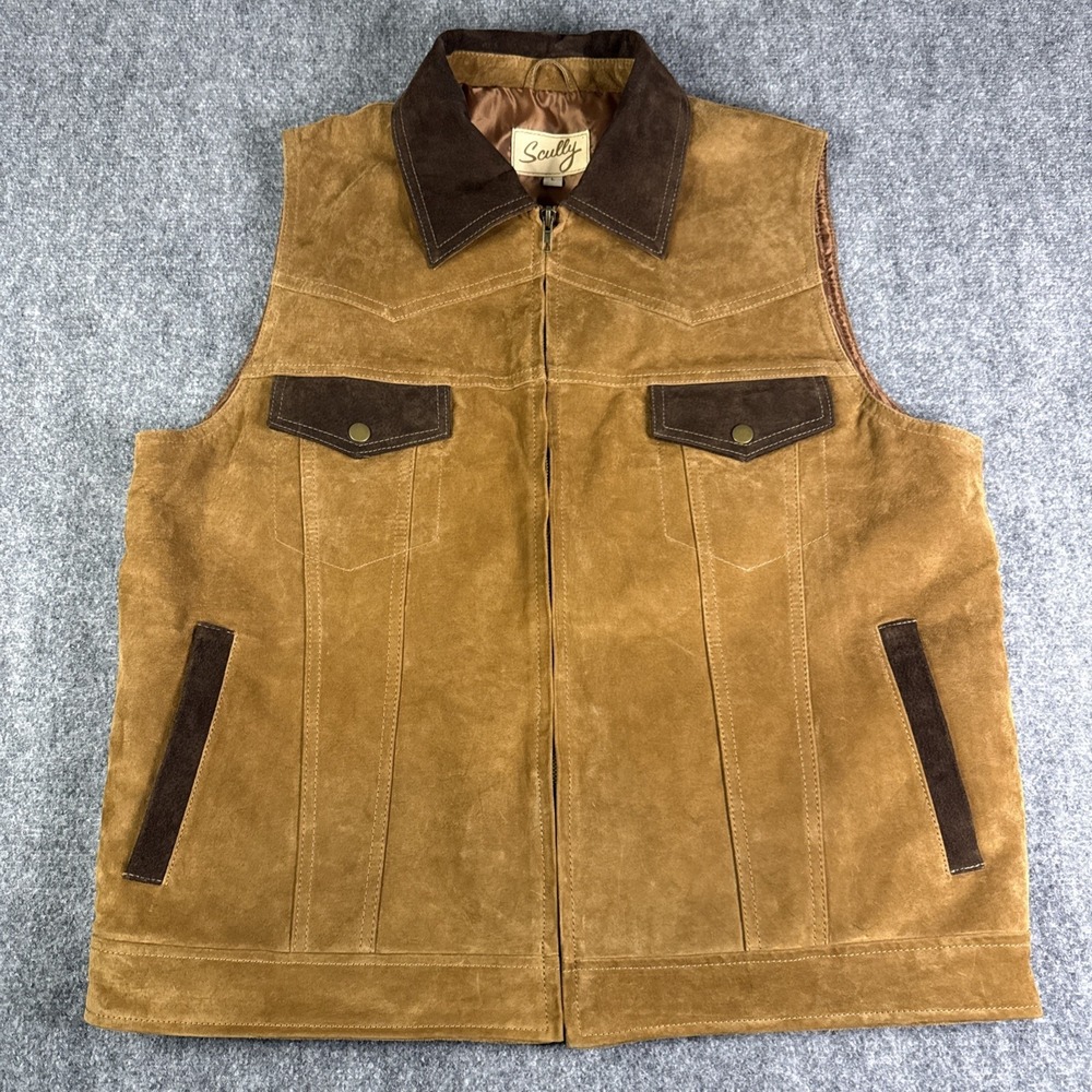 Scully Brown Suede Leather Two Tone Vest Mens L Full Zip Lined Concealed Carry